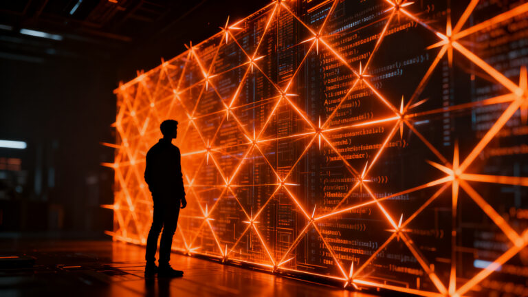 Experto en ciberseguridad frente a una red digital bloqueada por guardrails de IA Claude Fable 5, representando los desafíos del desarrollo software en 2026.