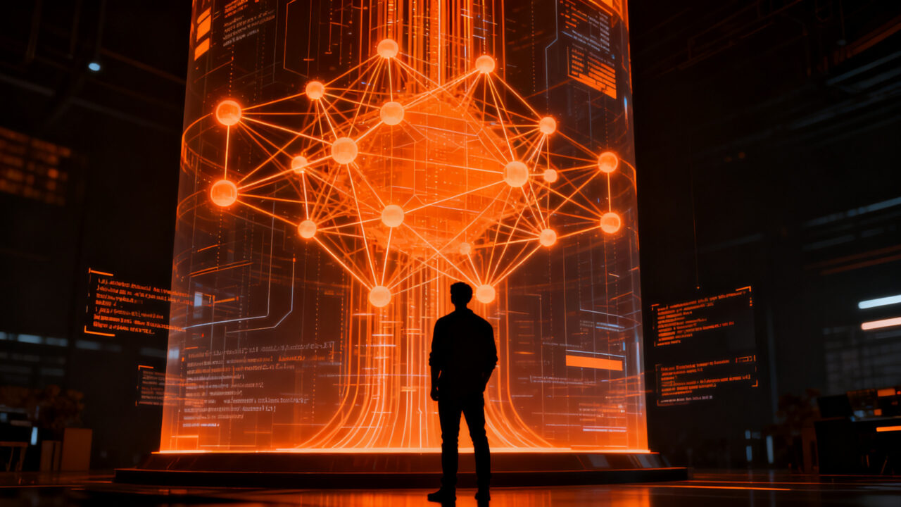 Un desarrollador revisando una red neuronal compleja de IA que representa la potencia de Claude Fable 5, destacando el futuro de la inteligencia artificial.