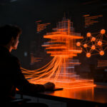 Ingeniero de software colaborando con una interfaz de IA avanzada, representando el impacto de Claude Fable 5 en el desarrollo de startups.