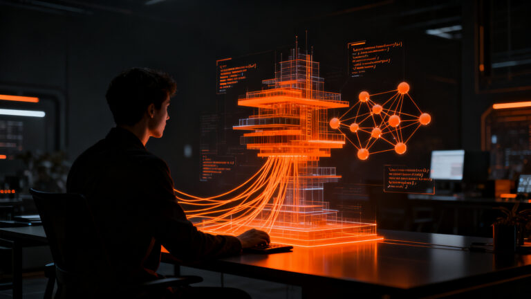 Ingeniero de software colaborando con una interfaz de IA avanzada, representando el impacto de Claude Fable 5 en el desarrollo de startups.