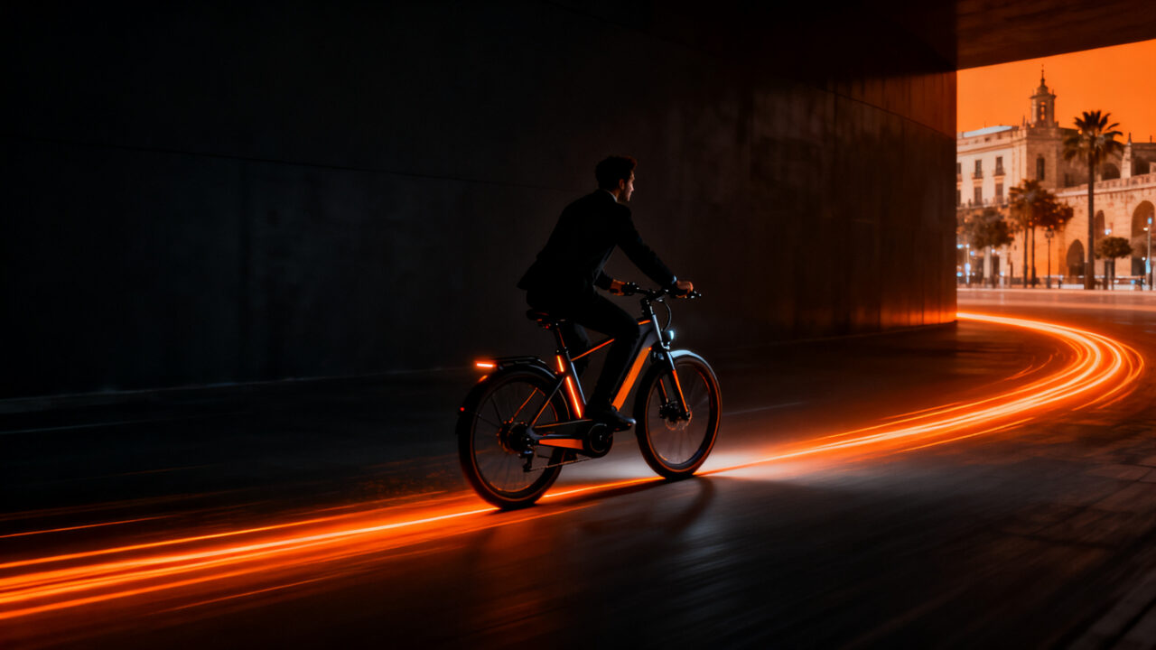 Usuario urbano en bicicleta eléctrica premium de Clover por las calles de Valencia, representando el modelo de suscripción de movilidad sostenible.