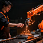 Un operario humano trabajando junto a un brazo robótico colaborativo en una planta industrial, representando la automatización y productividad.