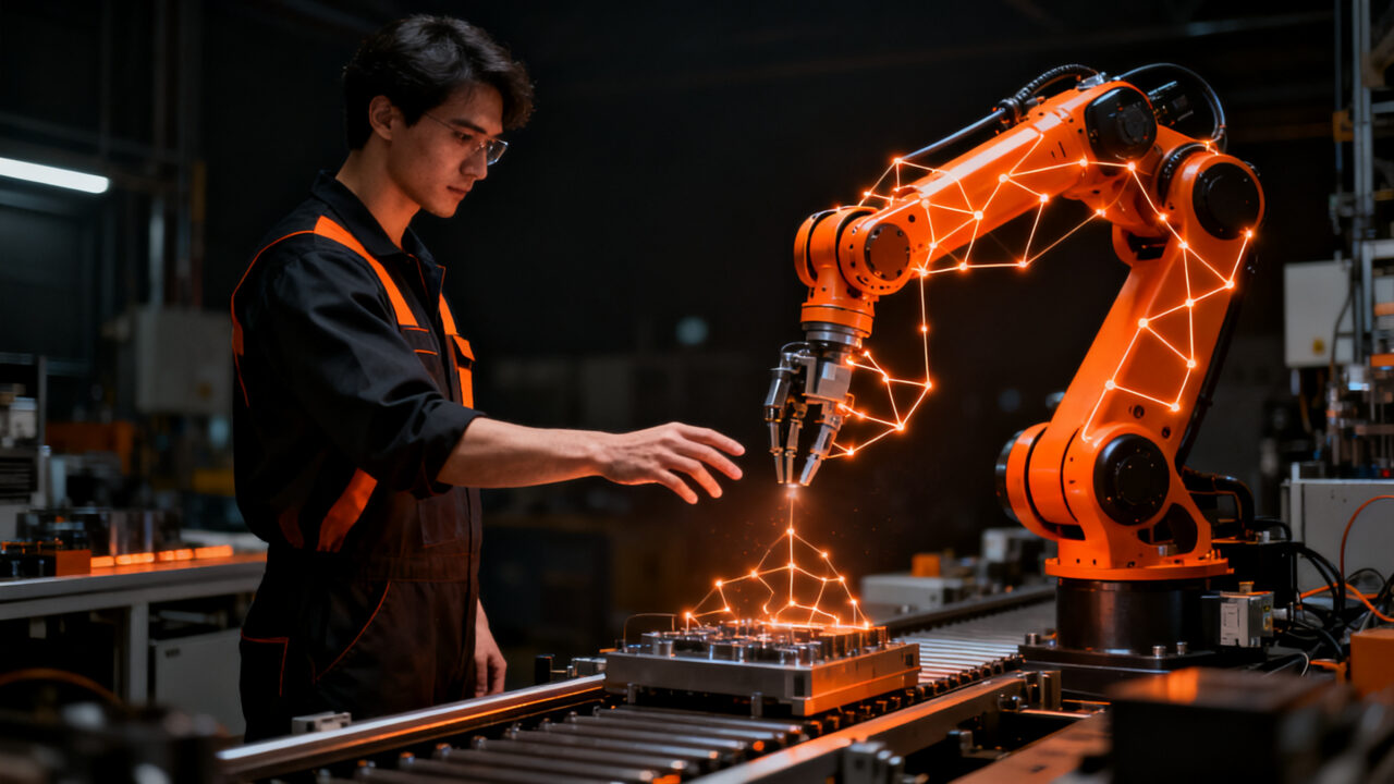 Un operario humano trabajando junto a un brazo robótico colaborativo en una planta industrial, representando la automatización y productividad.