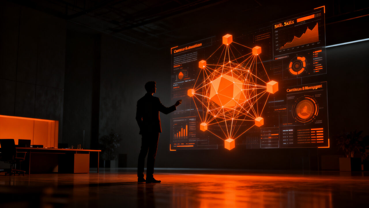 Profesional analizando datos en un entorno futurista, representando las competencias laborales clave en la era de la inteligencia artificial.
