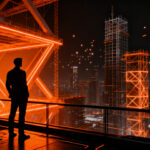 Emprendedor frente a un horizonte de estructuras arquitectónicas futuristas, representando la convocatoria Construction Startup Competition 2026.