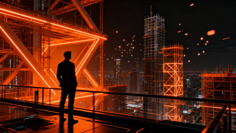 Emprendedor frente a un horizonte de estructuras arquitectónicas futuristas, representando la convocatoria Construction Startup Competition 2026.