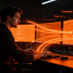 Desarrollador de software analizando un flujo de trabajo de Git con Conventional Commits para optimizar la ingeniería en startups.