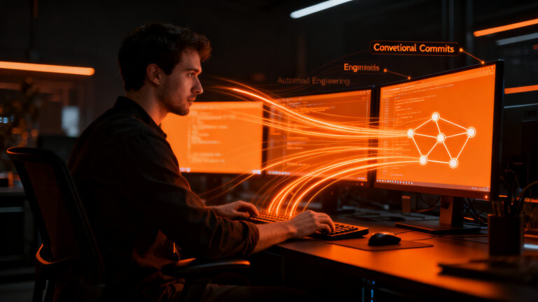 Desarrollador de software analizando un flujo de trabajo de Git con Conventional Commits para optimizar la ingeniería en startups.