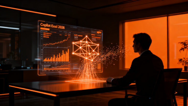 Especialista financiero analizando datos optimizados por IA en Copilot Excel 2026 para automatización de procesos.