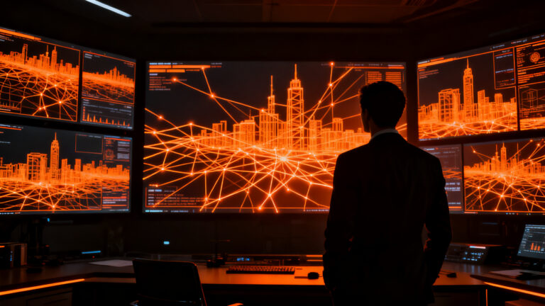 Fundador supervisando una red de cámaras inteligentes con visión artificial, representando la inversión de 35 millones en Coram AI para seguridad física autónoma.