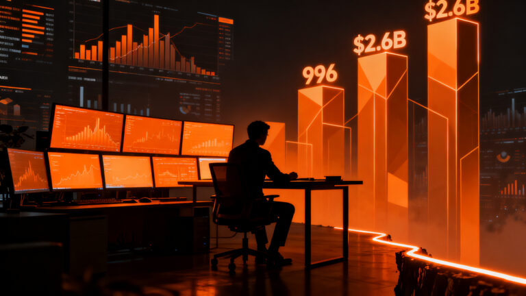 CEO de startup trabajando intensamente, analizando la cultura de trabajo 996 y el éxito financiero de las empresas tecnológicas.
