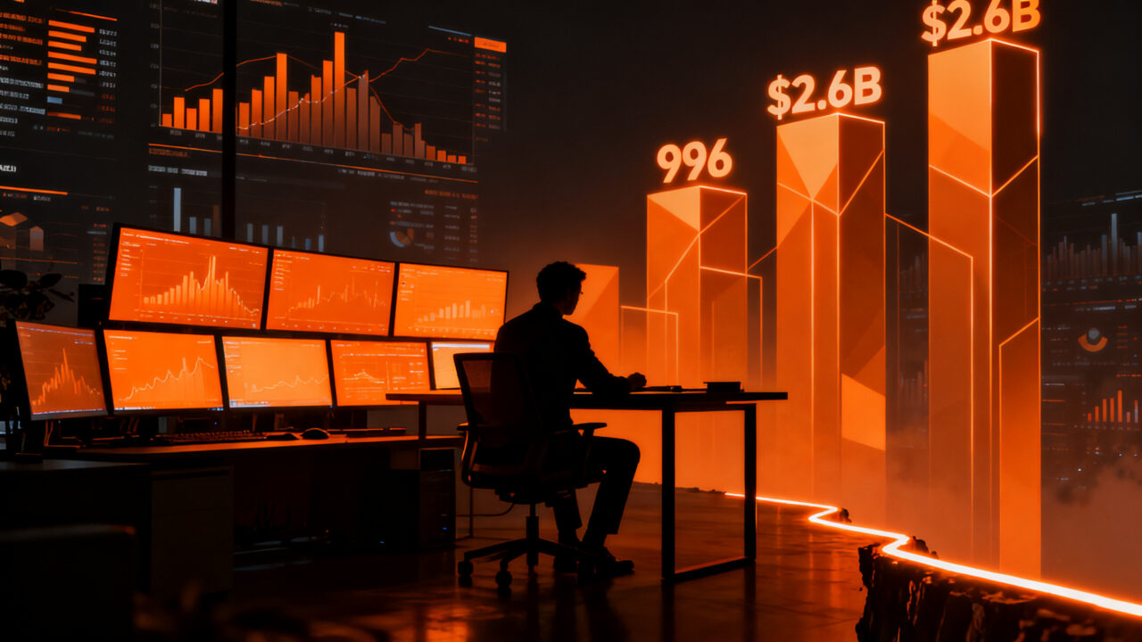 CEO de startup trabajando intensamente, analizando la cultura de trabajo 996 y el éxito financiero de las empresas tecnológicas.