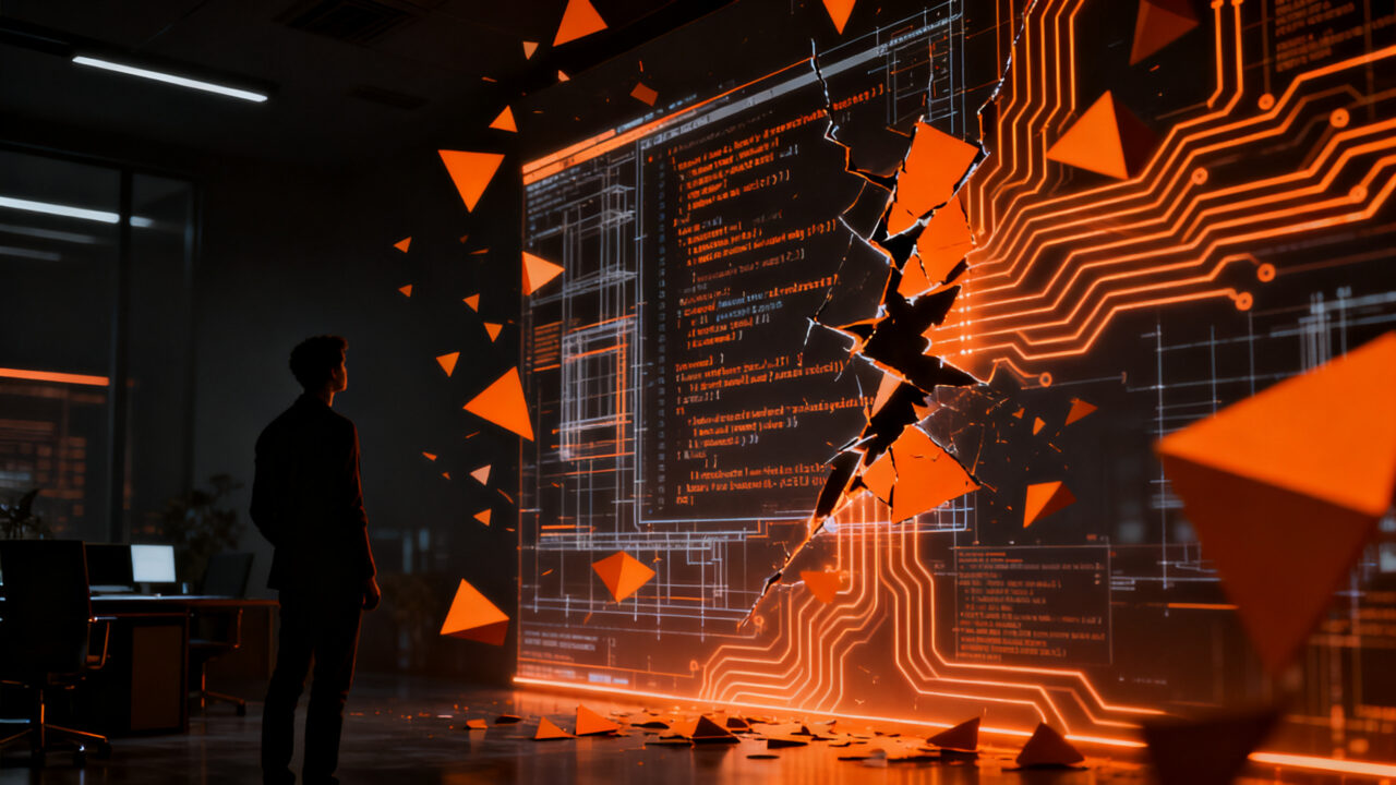 Conflicto de propiedad intelectual en tech: fundador analizando documentos legales y datos de software en un entorno corporativo oscuro.