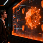 Fundador de startup supervisando protocolos de ciberseguridad y protección de datos en un entorno digital de alta tecnología.