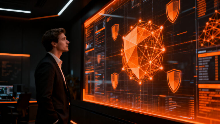 Fundador de startup supervisando protocolos de ciberseguridad y protección de datos en un entorno digital de alta tecnología.
