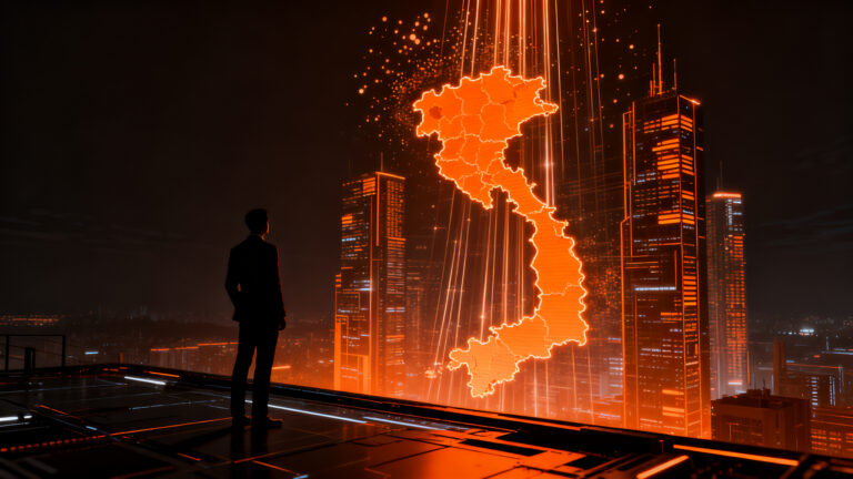 Mapa digital de Vietnam iluminado en naranja representando el crecimiento del ecosistema startup y la innovación en Asia.