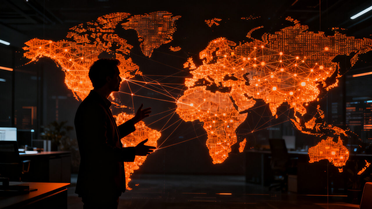 Founder de startup analizando complejo mapa de datos entre Europa y EE. UU. para cumplimiento GDPR y privacidad en 2026.