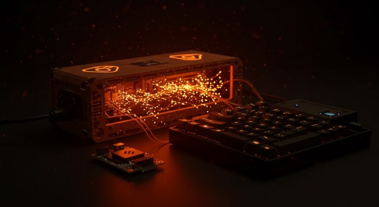 Cyberdeck DIY futurista en colores naranja y negro, representando la soberanía tecnológica y la tendencia de hardware independiente frente a Big Tech.