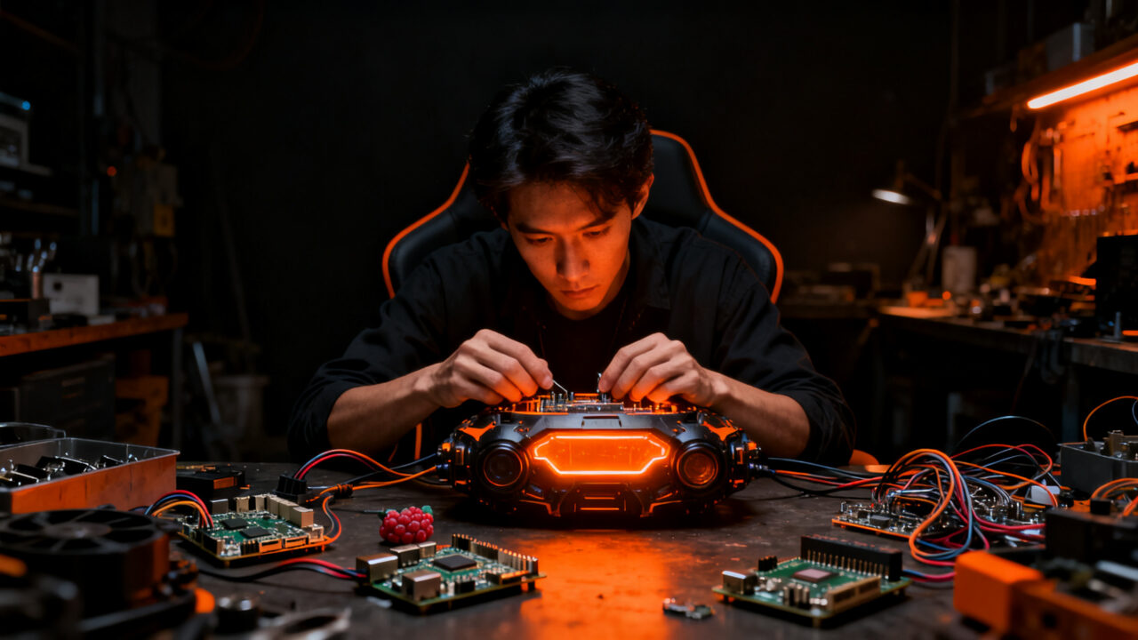 Un maker construyendo un cyberdeck personalizado con Raspberry Pi, representando el movimiento DIY y la soberanía tecnológica.