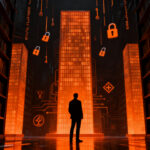 Un fundador de startups Web3 analizando manifiestos cypherpunk antiguos en una biblioteca futurista de datos digitales, representando la soberanía digital y la privacidad.