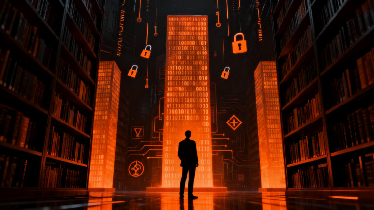 Un fundador de startups Web3 analizando manifiestos cypherpunk antiguos en una biblioteca futurista de datos digitales, representando la soberanía digital y la privacidad.