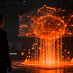 Fundador de startup analizando optimización de infraestructura IA y aceleración de LLMs en un entorno de datos futurista.