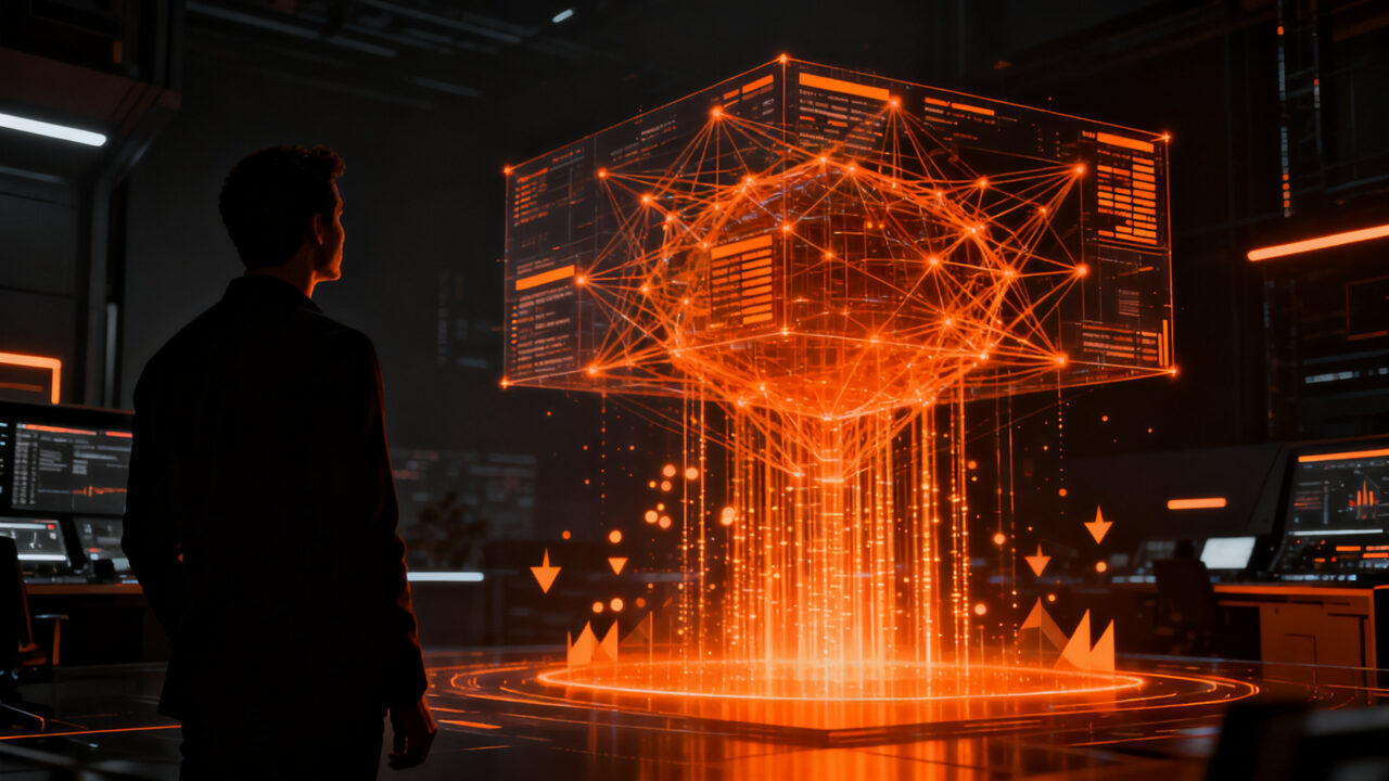 Fundador de startup analizando optimización de infraestructura IA y aceleración de LLMs en un entorno de datos futurista.