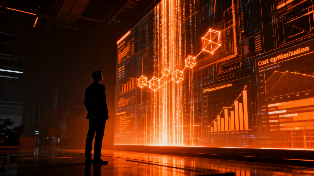 Estratega tecnológico analizando gráficos de eficiencia de IA frente a una arquitectura de datos, simbolizando la reducción de costes en startups.