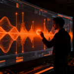 Analista de audio frente a una interfaz de ondas sonoras digitales, detectando contenido generado por inteligencia artificial en plataformas de streaming.
