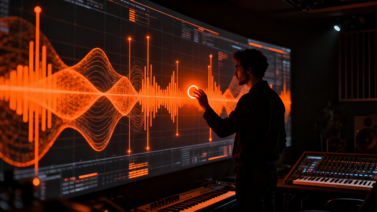 Analista de audio frente a una interfaz de ondas sonoras digitales, detectando contenido generado por inteligencia artificial en plataformas de streaming.