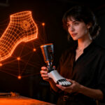 Emprendedora de Demiora Tech trabajando en prótesis 3D personalizadas, representando innovación en manufactura digital y salud.