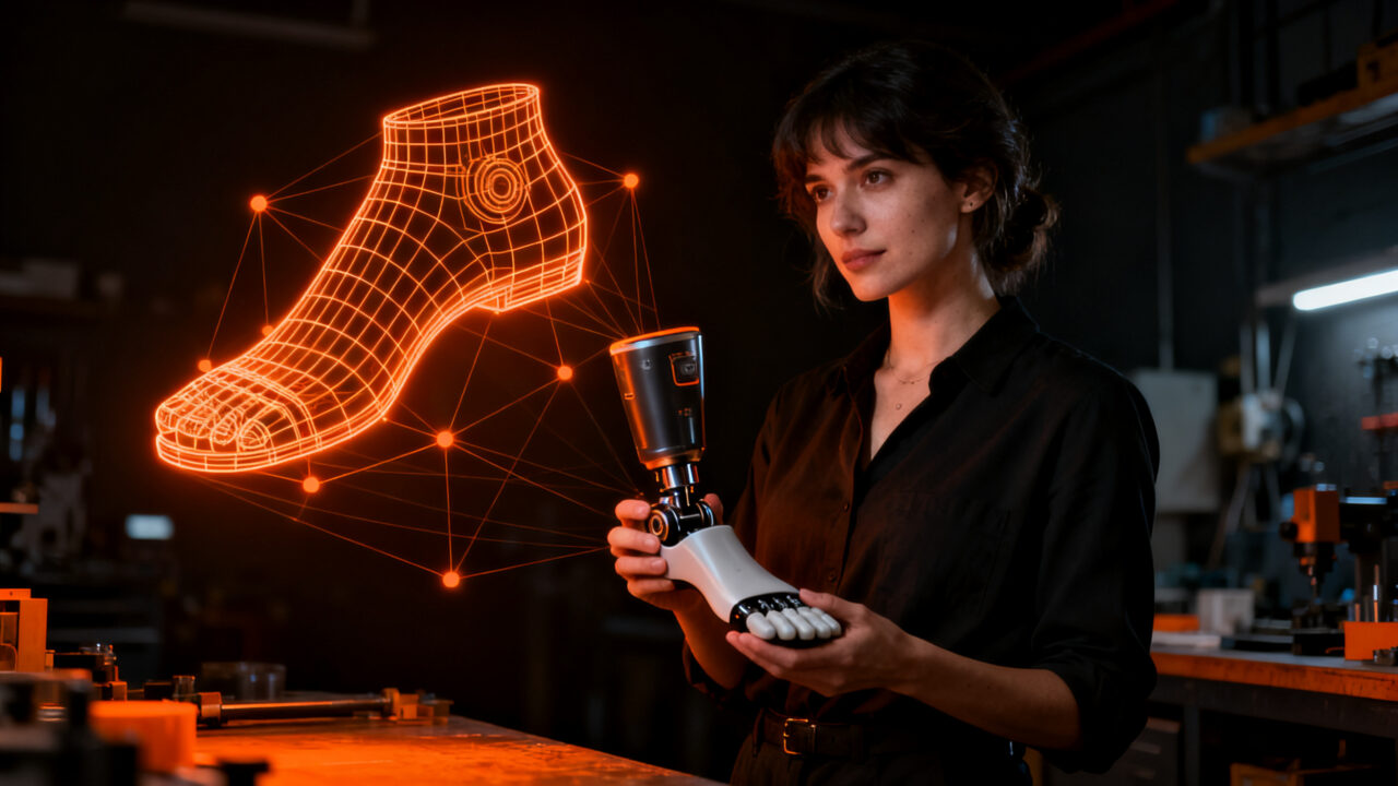 Emprendedora de Demiora Tech trabajando en prótesis 3D personalizadas, representando innovación en manufactura digital y salud.