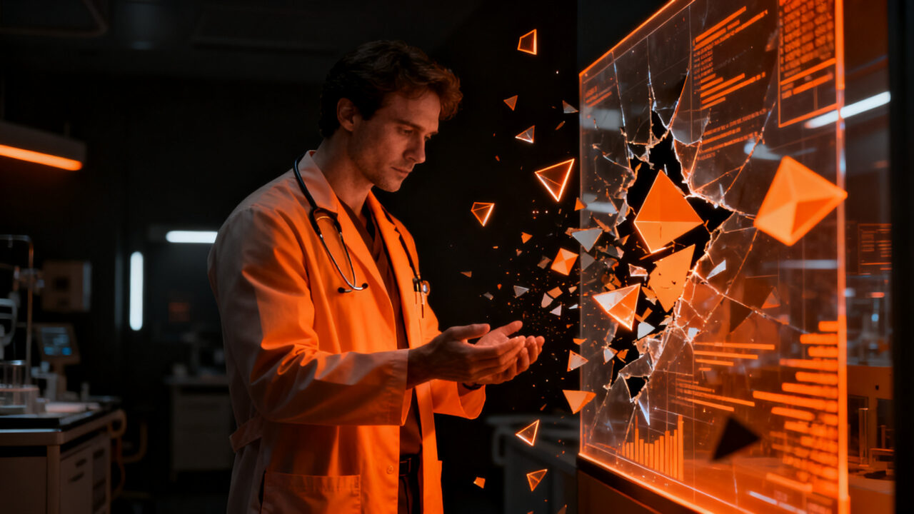 Médico observando una interfaz de IA que se desvanece, ilustrando el riesgo del deskilling y la pérdida de habilidades críticas por dependencia tecnológica.
