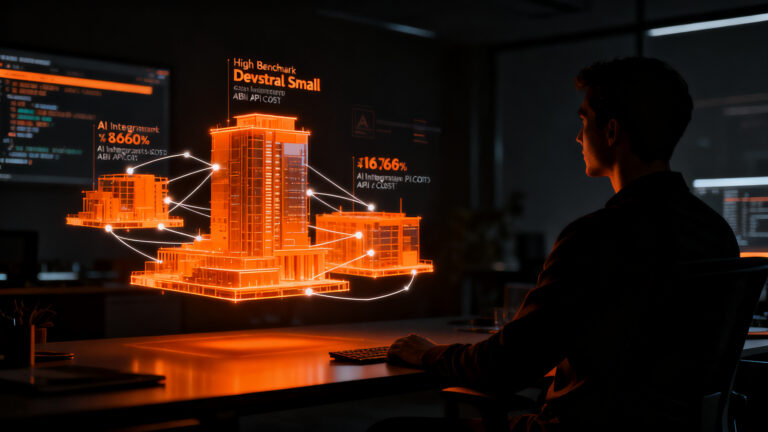 Desarrollador analizando métricas de rendimiento de Devstral Small de Mistral AI en un entorno de trabajo futurista.