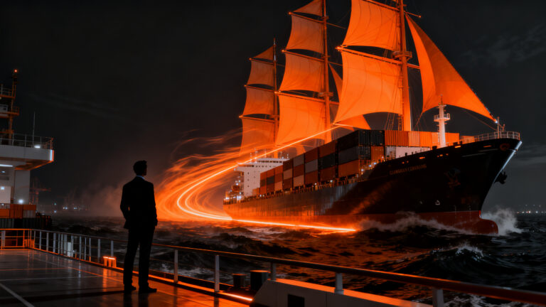 Barco de carga eólico navegando el océano con tecnología sostenible de DHL para logística verde.