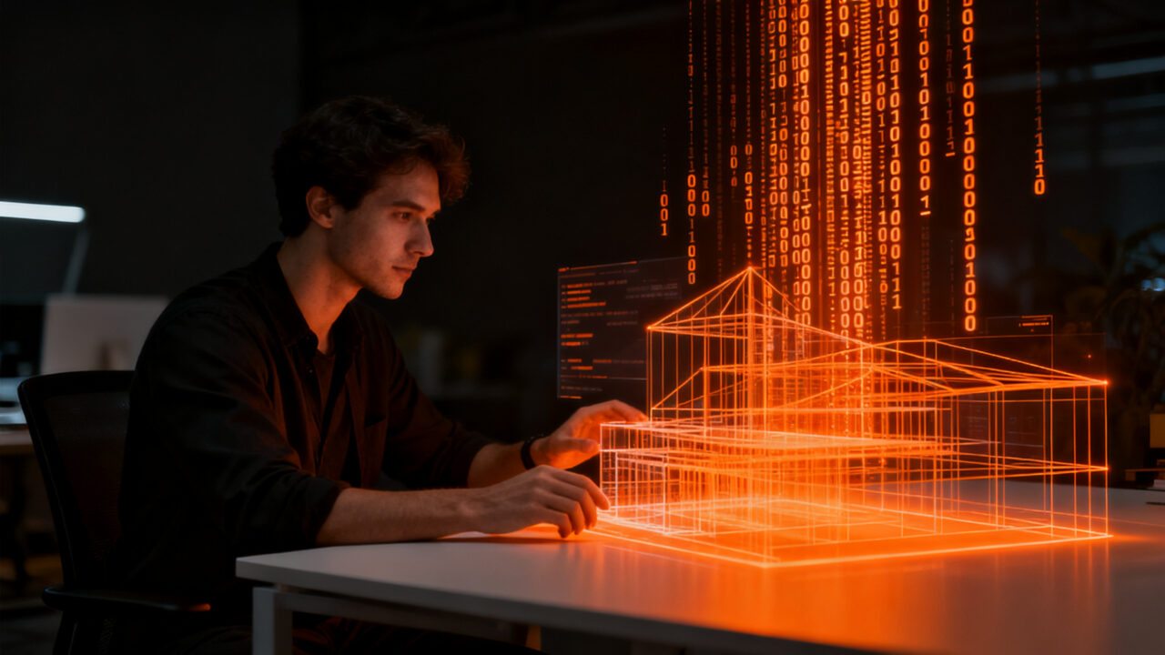 Diseñador utilizando inteligencia artificial para prototipado rápido en código, transformando el flujo de trabajo de diseño y desarrollo.