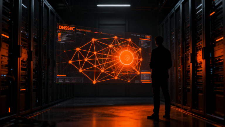 Especialista en ciberseguridad analizando vulnerabilidades de infraestructura DNS y DNSSEC en un entorno digital de alta seguridad.