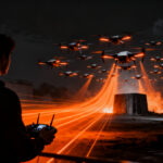 Drones FPV en enjambre representando la disrupción tecnológica y la eficiencia de costes en startups.