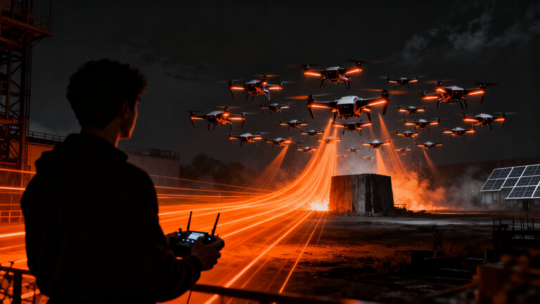 Drones FPV en enjambre representando la disrupción tecnológica y la eficiencia de costes en startups.