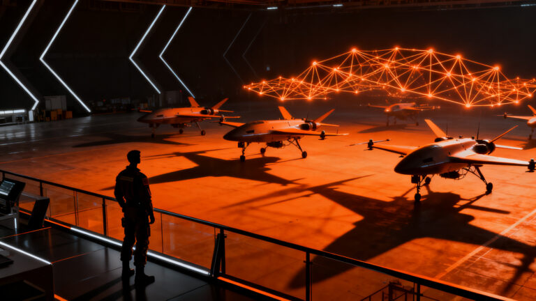 Drones wingman autónomos en el Berlin Airshow 2026, representando la competencia en sistemas de defensa deeptech e IA.