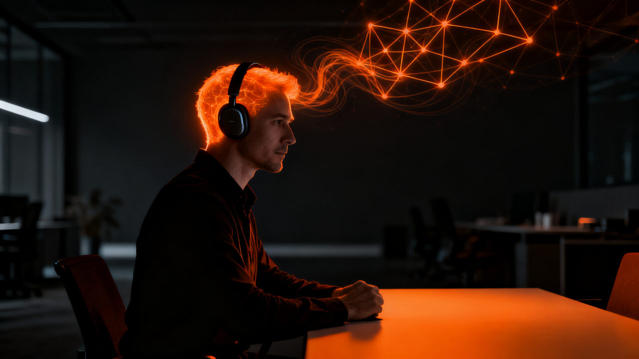 Founder de startup usando auriculares en un entorno de trabajo minimalista, representando el impacto de la tecnología en la salud mental y la productividad.