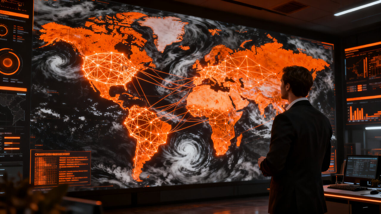 Emprendedor analizando datos climáticos globales para proteger su startup ante El Niño 2026 y oportunidades agrotech.