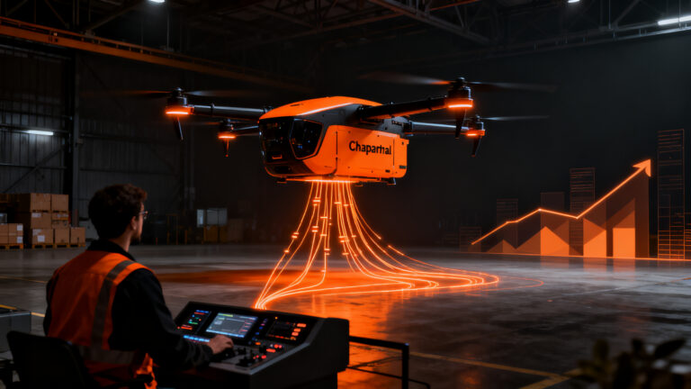 Dron autónomo de carga Chaparral de Elroy Air operando en un entorno de logística avanzada, representando el cierre de una ronda SPAC exitosa.