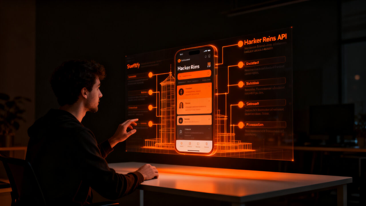 Desarrollador trabajando en una interfaz móvil accesible con SwiftUI, destacando el desarrollo nativo para iOS y la innovación en aplicaciones de código abierto.