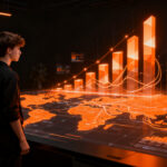 Jóvenes emprendedores analizando datos de mercado para impulsar el ecosistema startup y reducir el desempleo juvenil.