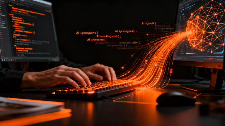 Ingeniero de software trabajando con agentes de IA y automatización inteligente para acelerar el delivery de software en startups.