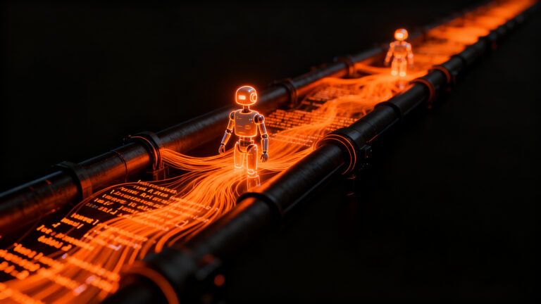 Transformación digital con IA en el delivery de software, mostrando agentes de inteligencia artificial automatizando el desarrollo empresarial de Endava.