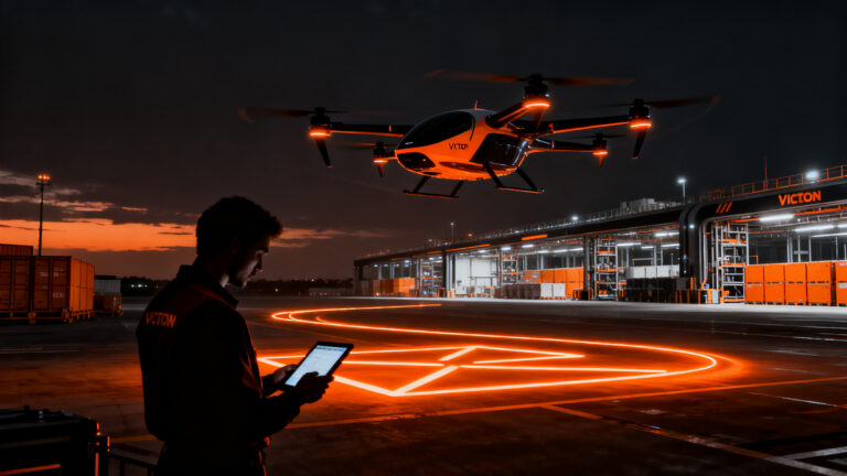 El dron eVTOL de carga Victor de ERC System sobrevolando una infraestructura logística urbana, representando el futuro de la logística autónoma.