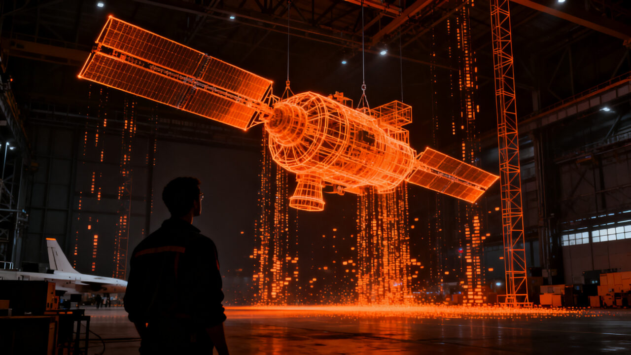 Ingeniero frente a una maqueta compleja de satélite en un entorno industrial oscuro, destacando la crisis de talento tech en la industria espacial española.