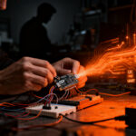 Ingeniero de ciberseguridad analizando protocolos IoT con un dispositivo ESP32 hackeado.